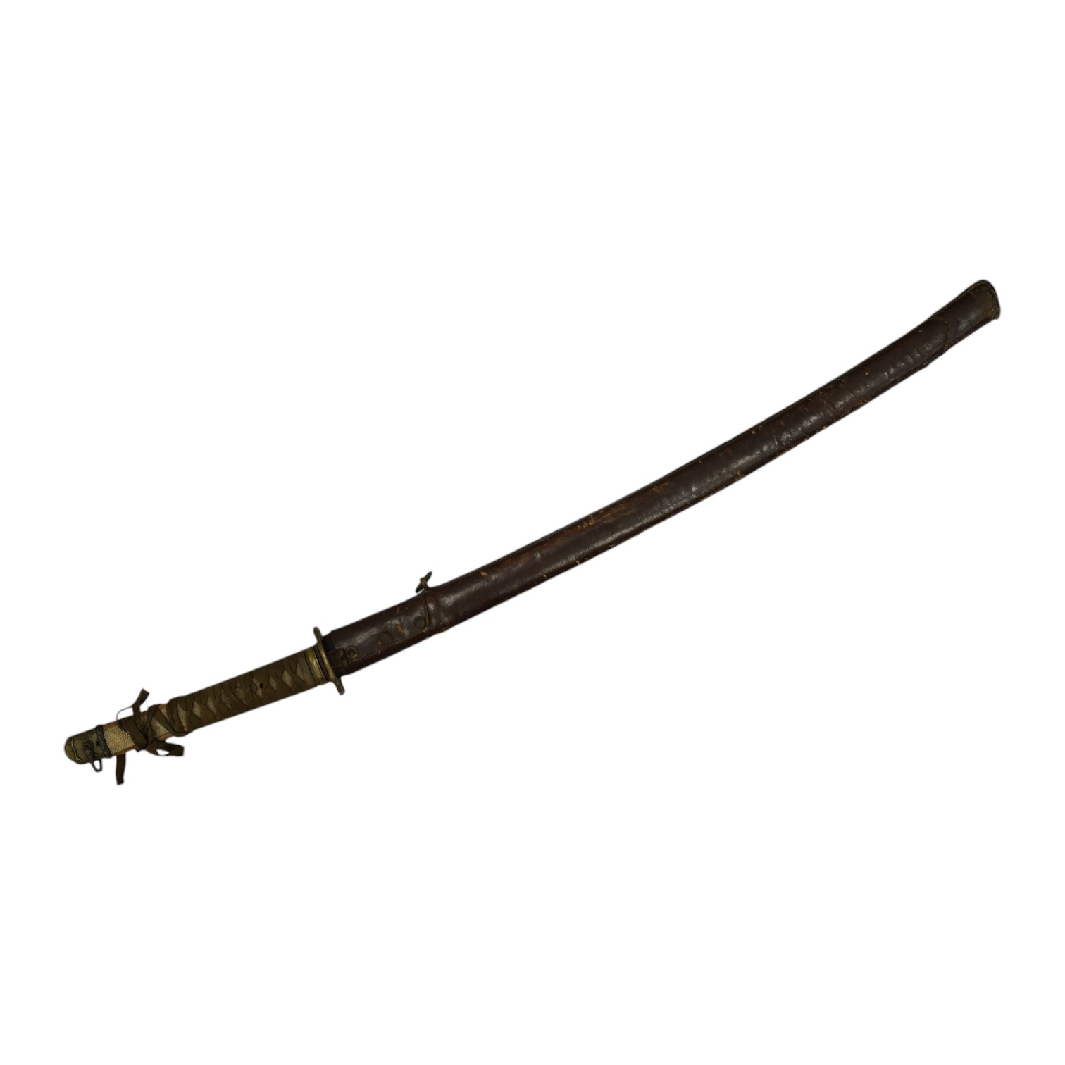 A WWII Japanese army officer’s Shingunto sword katana, blade 66.4cm, signed with Showa to stamp (tip of blade damaged), with unusual brass mounts, in its leather covered combat scabbard. Condition - poor to fair